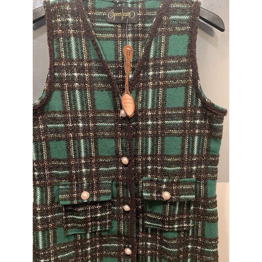 Spoon Jeans Green/Brown/Lurix Plaid Pearl Button Vest Women’s Size L NEW w/Tag - Picture 12 of 16